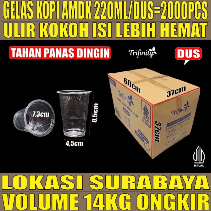Gelas Aqua Trifinity AMDK 220ml Dus 2000pcs Ulir Tebal 2gr tjs