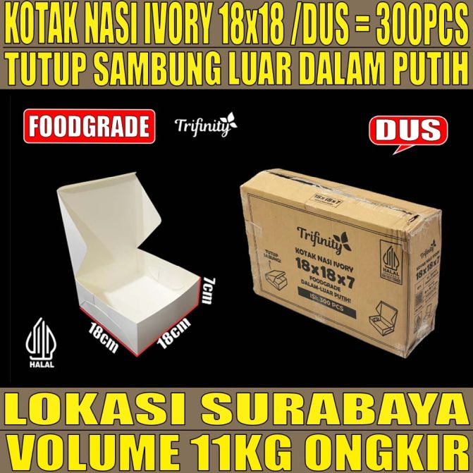 Kotak Nasi Ivory Putih 18x18 BALL 300pcs 37gr Box U Mika 4Sekat tms