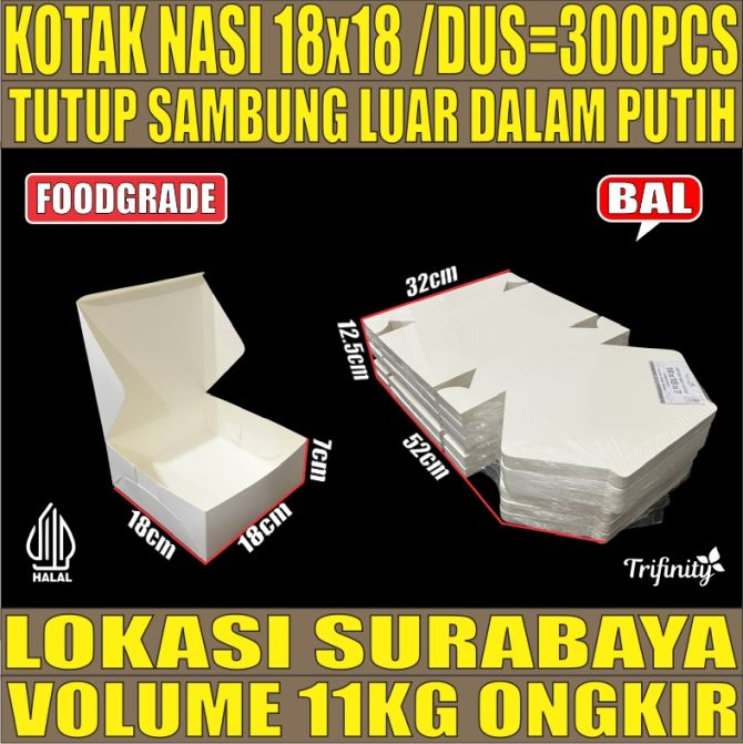 Kotak Nasi Ivory Putih 18x18 BALL 300pcs 37gr Box U Mika 4Sekat tms
