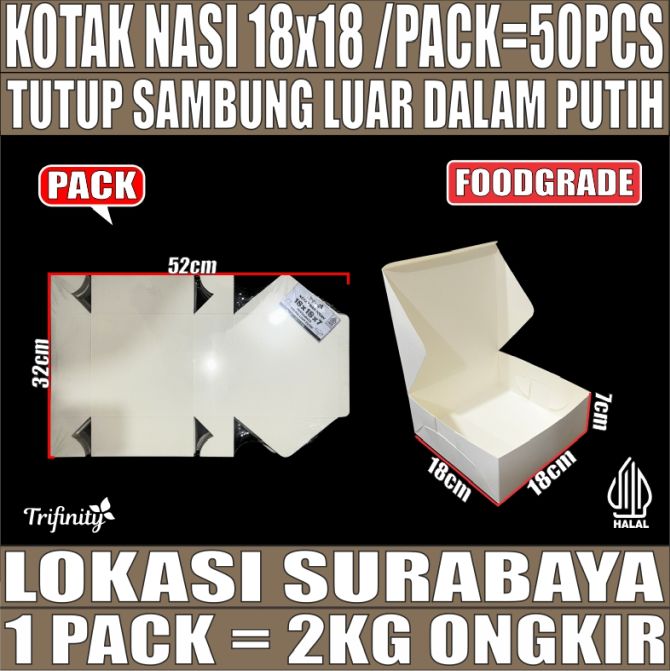 Kotak Nasi Ivory Putih 18x18 Pack 50pcs  37gr Dus U Mika 4Sekat