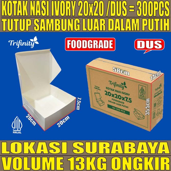 Kotak Nasi Ivory Putih 20x20 BALL 300pcs 43gr Box U Mika 4Sekat tms