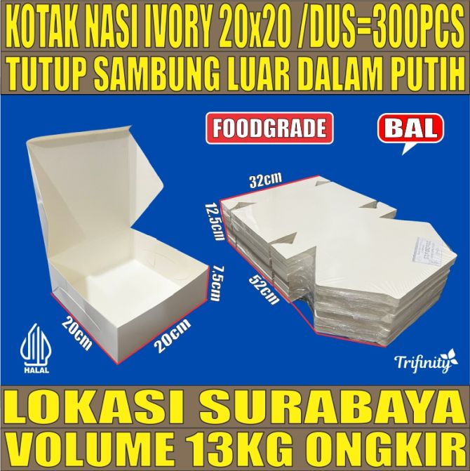 Kotak Nasi Ivory Putih 20x20 BALL 300pcs 43gr Box U Mika 4Sekat tms