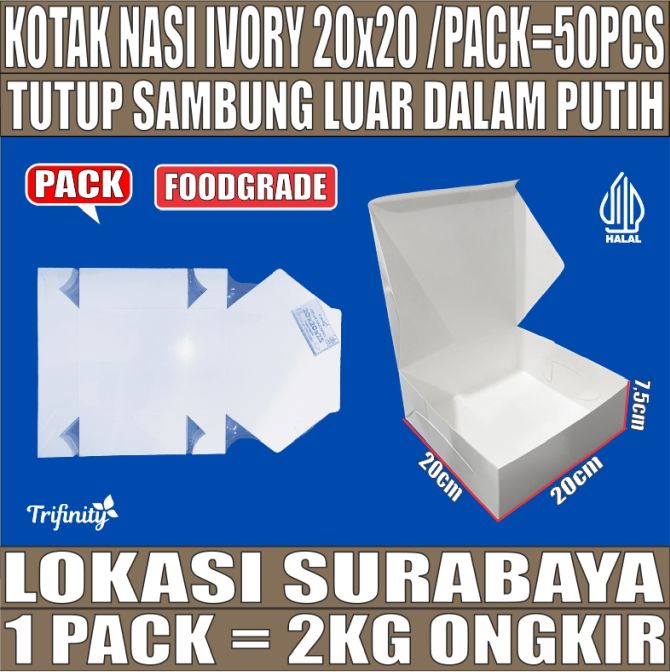 Kotak Nasi Ivory Putih 20x20 Pack 50pcs 43gr Dus U Mika 4Sekat