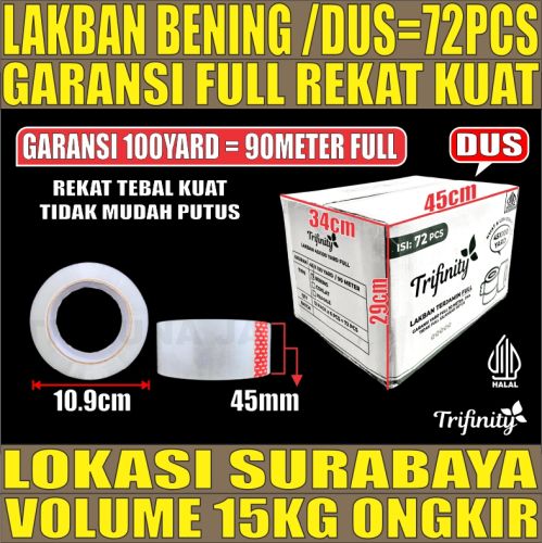 Lakban Bening Dus 72roll 50mic 45x100yard Garansi Full Trifinity Tebal 205gr tjs