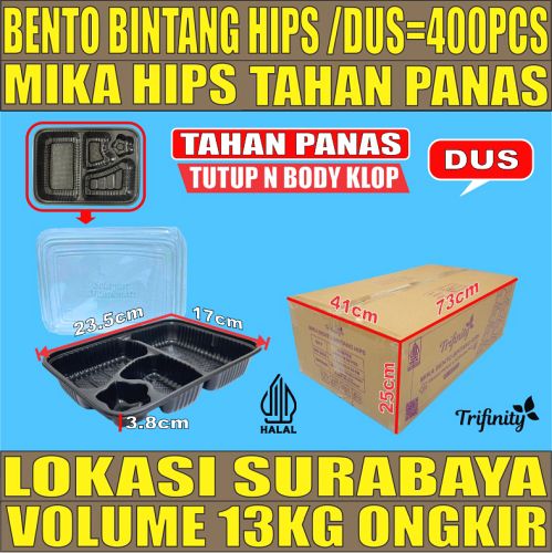 Mika Bento HIPS Dus 400pcs Bintang Trifinity Tahan Panas 4 sekat Tebal 24gr tjs