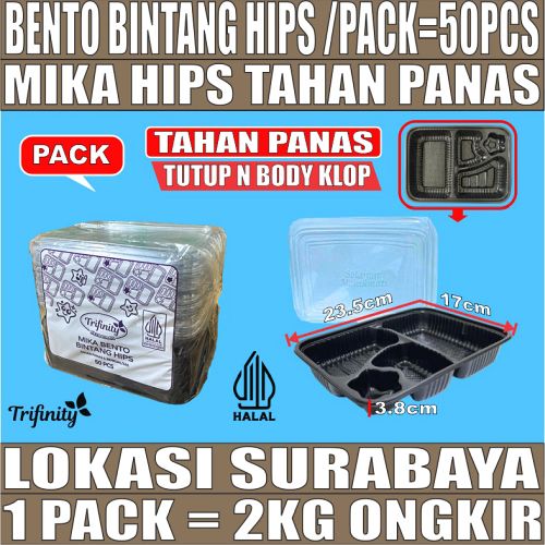 Mika Bento HIPS Pack 50pcs Trifinity Bintang Tahan Panas 4 sekat