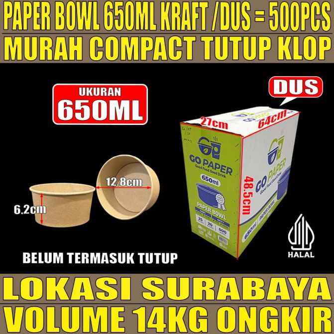 Paper Bowl KRAFT 650ml GO Paper Dus 500pcs Tebal 10,5gr ori