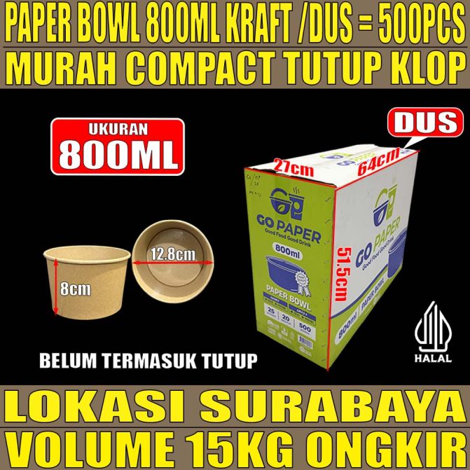Paper Bowl KRAFT 800ml GO Paper Dus 500pcs Tebal 12gr ori