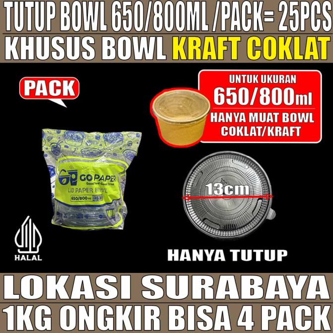 Tutup Paper bowl Kraft u 650ml n 800ml Go Paper PACK 25pcs