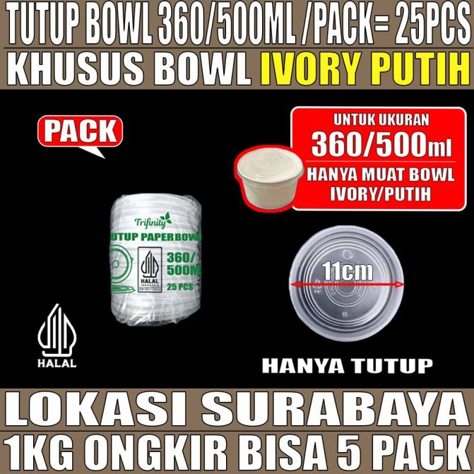 Tutup Paper bowl Putih 360ml n 500ml Pack 25pcs Trifinity Halal