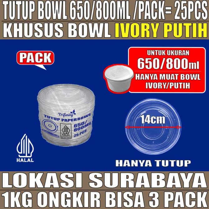 Tutup Paper Bowl Putih 650ml n 800ml Pack 25pcs Trifinity