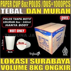 Paper Cup 8oz Polos Dus 1000pcs 240ml Hanya Body Tebal Halal 5.4gr tms