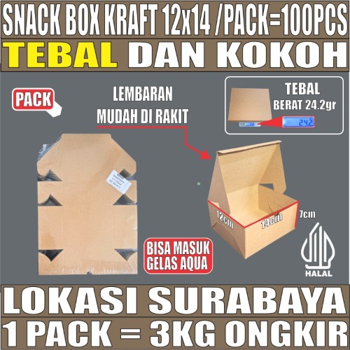 Snack Box Coklat 12x14 Pack 100pcs Kraft 275gsm Tutup sambung