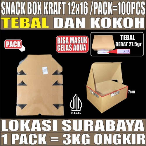 Snack Box Coklat 12x16 Pack 100pcs Kraft 275gsm Tutup sambung