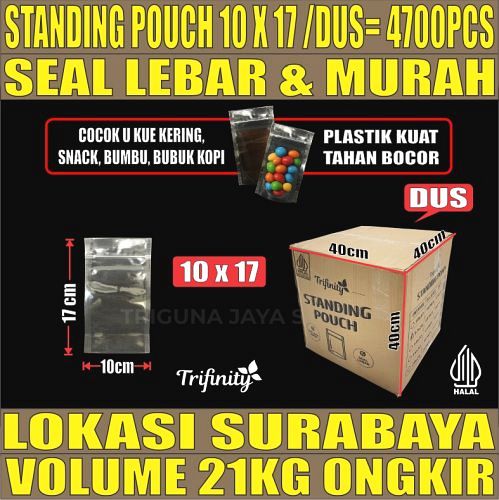 Standing Pouch uk 10x17 Plastik Kemasan Berdiri Seal Lebar Bening Dus 20kg 4700pcs tjs