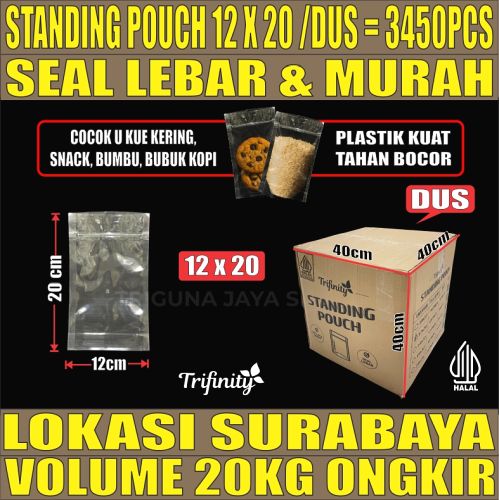 Standing Pouch uk 12x20 Plastik Kemasan Berdiri Seal Lebar Bening Dus 20kg 3450pcs tjs