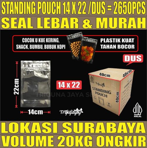 Standing Pouch uk 14x22 Plastik Kemasan Berdiri Seal Lebar Bening Dus 20kg 2650pcs tjs