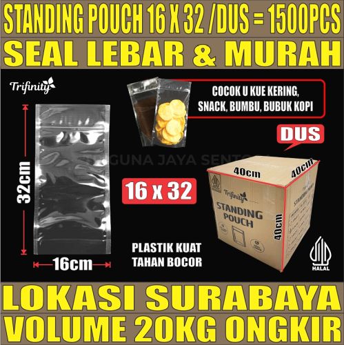 Standing Pouch uk 16x32 Plastik Kemasan Berdiri Seal Lebar Bening Dus 20kg 1500pcs tjs