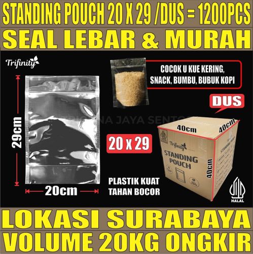 Standing Pouch uk 20x29 Plastik Kemasan Berdiri Seal Lebar Bening Dus 20kg 1200pcs tjs