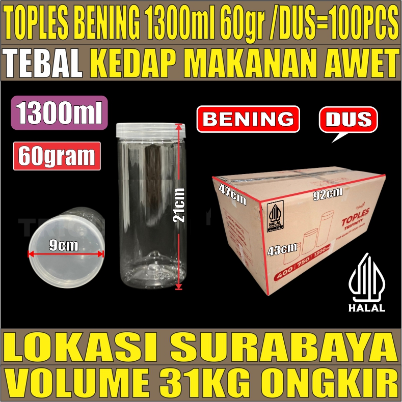 Toples 1300ml DUS 100pcs 60GR Jar Silinder Bening Pet tjs